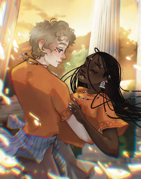 half body - two characters - complex bg and colors